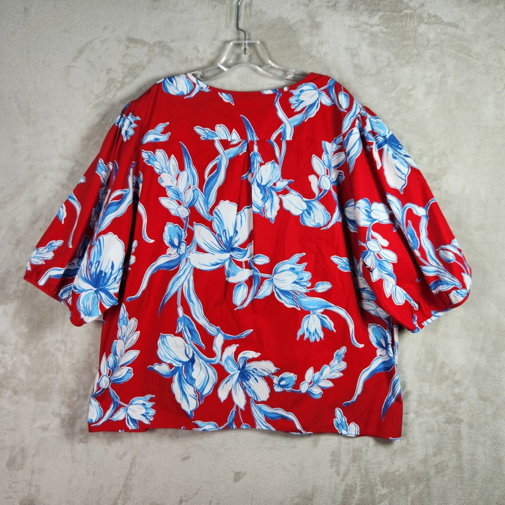 Karen Kane Button Front Shirt Womens 3X Red Blue Floral Puff Sleeve Boho Office - Picture 2 of 8